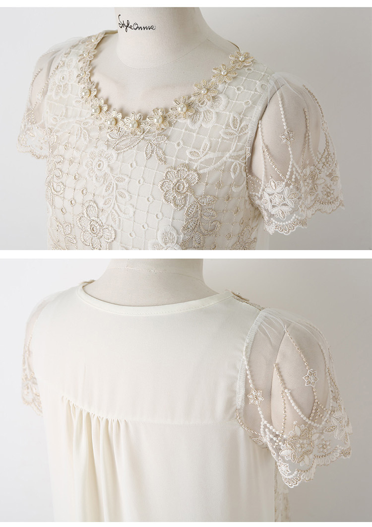 Round Neck blusas Mujer Summer Women's Tops Shirt Slim Short-Sleeved Lace Beaded Embroidery Flowers Chiffon 511H 210420