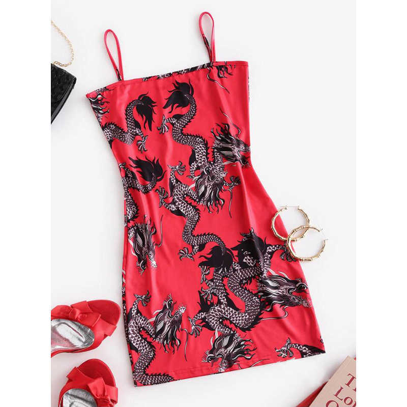 Paris Girl Summer Fashion Dragon Pattern Dress Sleeveless Split Hip Slender Slim Fit Sexy Dresses Sundresses for Women 210524