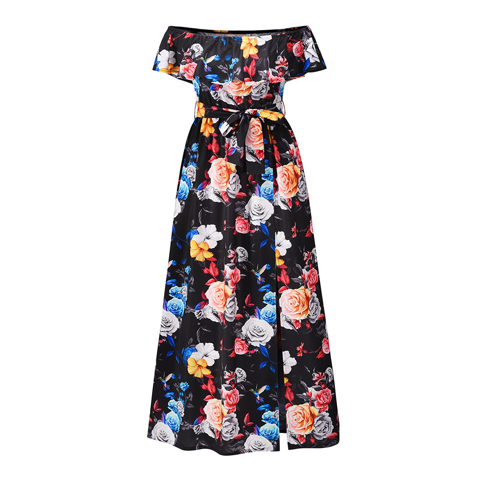 Women Dress Printed Bohemia Sexy Long Print Maxi es Slash Neck Off Shoulder Lace Up Loose Casual Beach es 210513