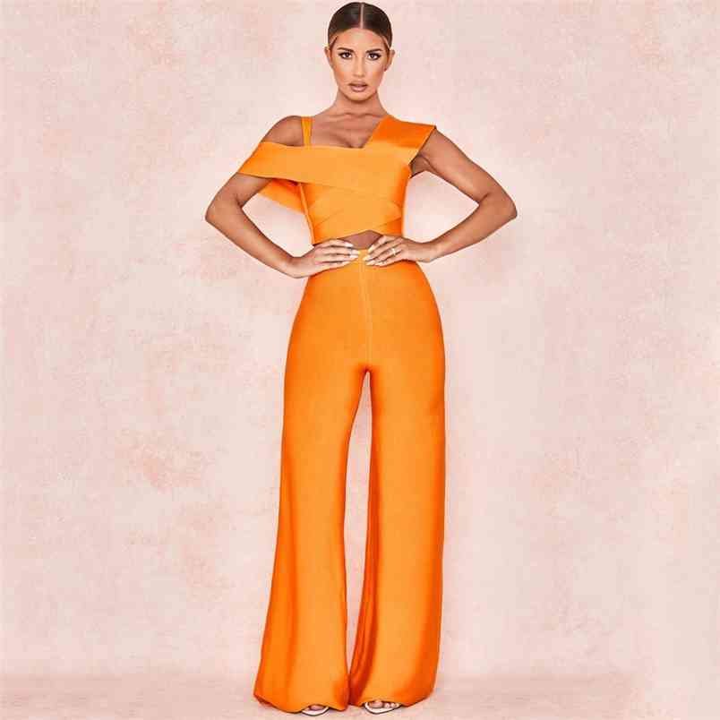 Bandage Women Set Suits Fashion Party Club Summer 2 Piece Short Top Flare Pants Two Outfits 210515
