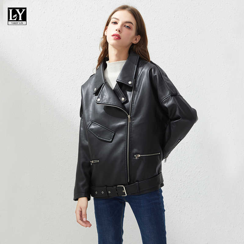 LY VAREY LIN Spring Women PU Faux Leather Jacket Casual Biker s Outwear BF Style Black Female Coat 210526