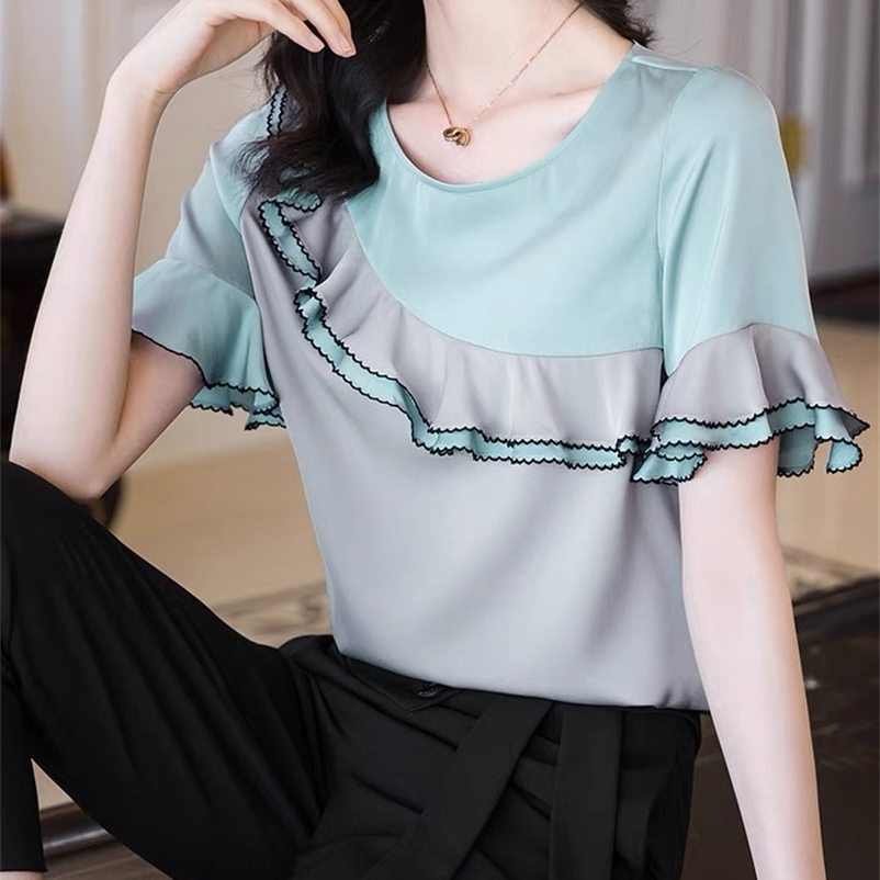 LDYRWQY fashion temperament ruffle stitching loose round neck five-point sleeve chiffon shirt Patchwork 210603, Color matching
LDYRWQY fashion temperament ruffle stitching loose round neck five-point sleeve chiffon shirt Patchwork 210603, Color matching