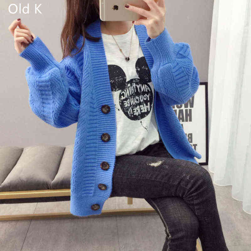 Sweater cardigan jacket female loose Korean student spring and autumn sweater trend round button net red old K 211117
