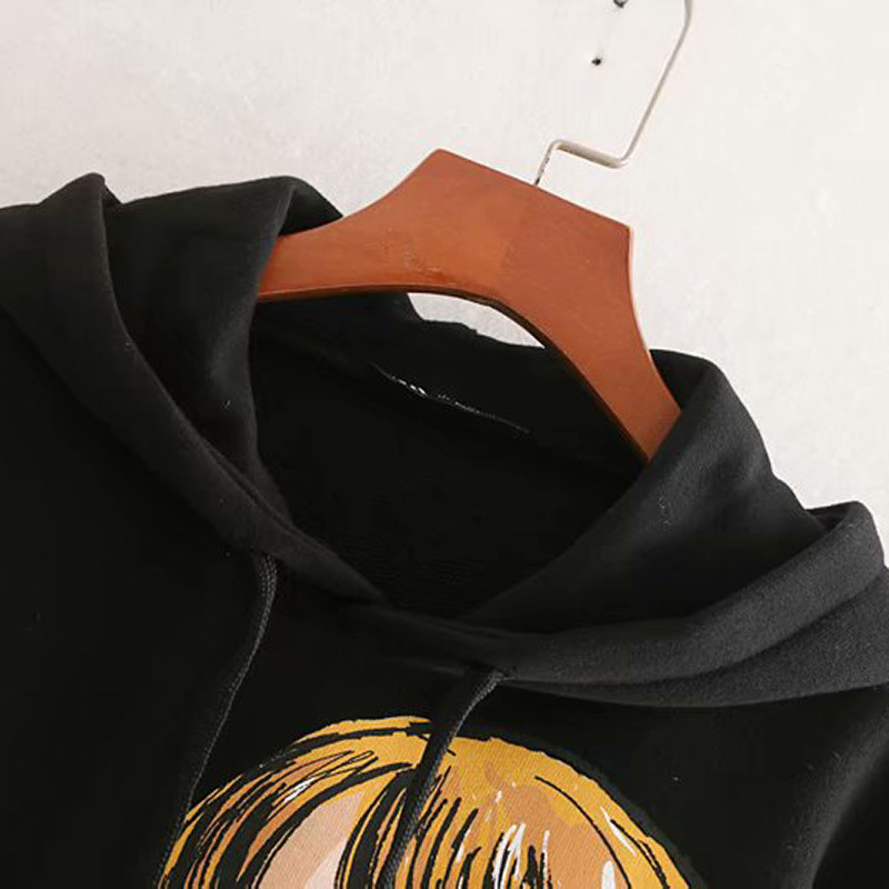 Streetwear Character Print Hooded Hoodies Women Long Sleeve Loose Black Sweatshirts Pullover Tops Autumn Spring Sudadera Mujer 210515