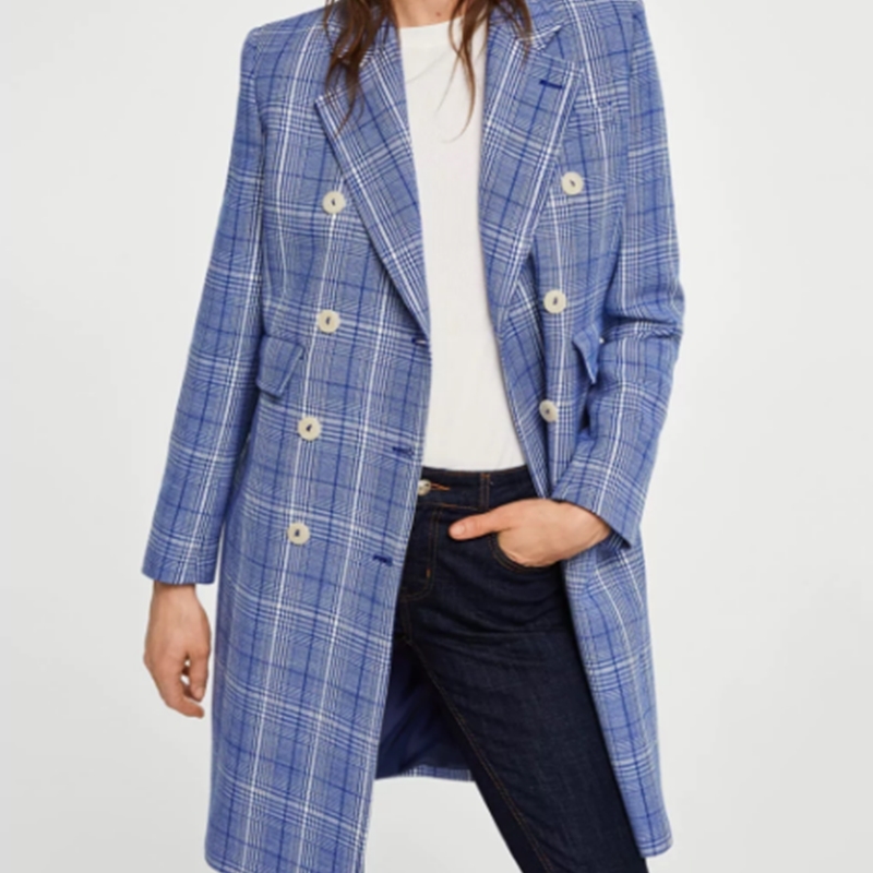 spring autumn Korean blue plaid blazer coat windbreaker double-breasted casual British style long suit jacket for woman 210508