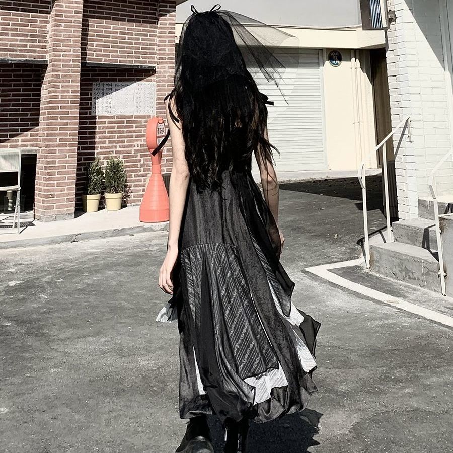 Gothic Midi Dress Women Lace Black Irregular Y2k Dress Square Collar Spaghetti Strap Party Dress Korea Streetwear 210521