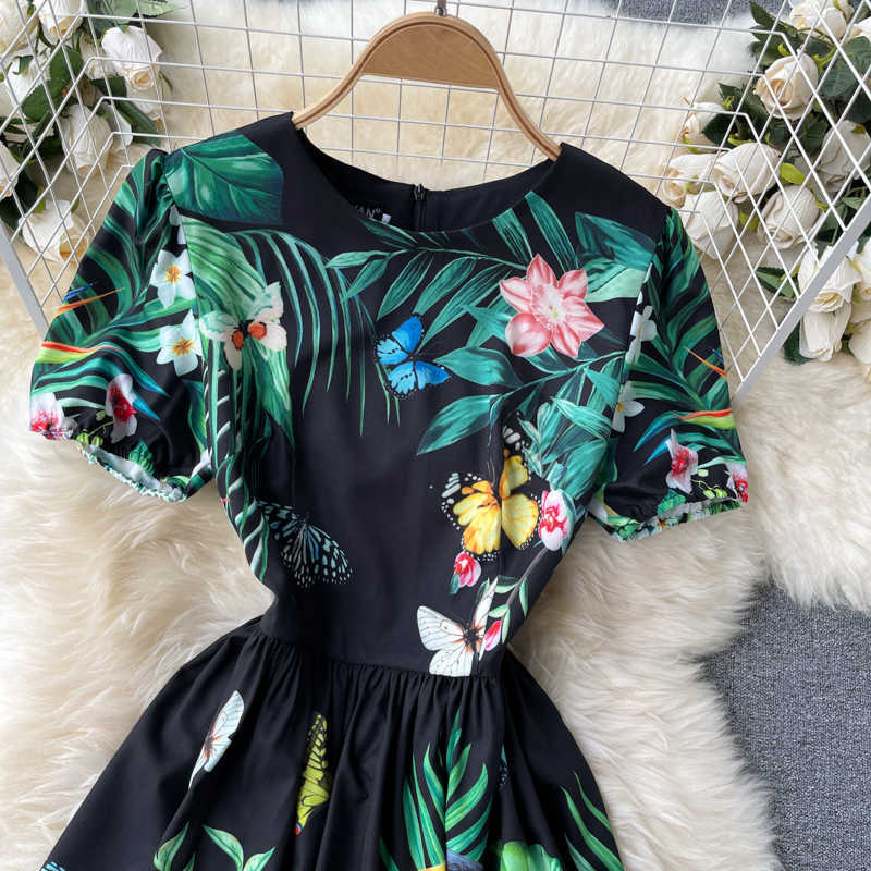 DEAT Women Printing Sandy Beach Dress Round Neck Short Sleeve Arrivals Lady Temperament Fashion Spring Summer 11D610 210709