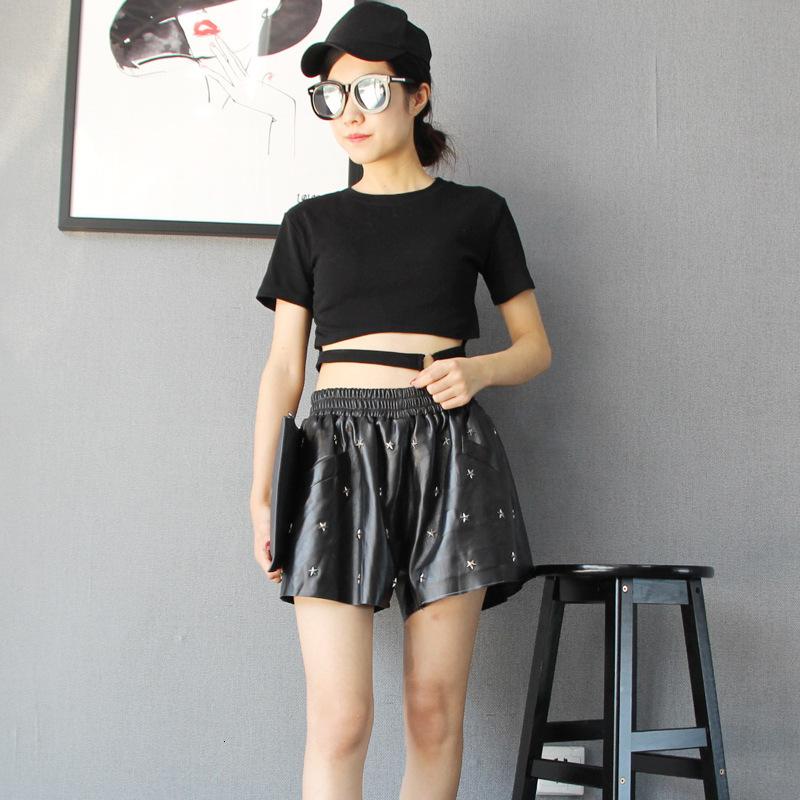 Brand Women Punk Star Rivet Wide Leg Harem Trousers Casual Loose Fit Elastic Waist Sheepskin Genuine Leather Female Shorts Women's