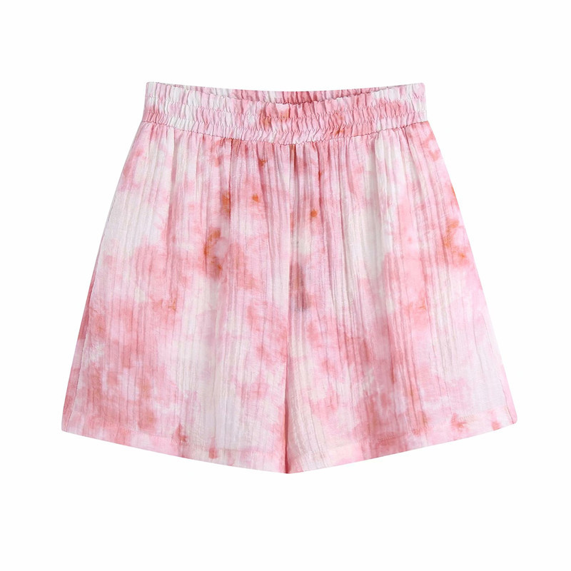 Sweet Women Pink Tie-dye Shorts Suit Summer Fashion Ladies Cropped Match Suits Girls Y2K V Neck 210515