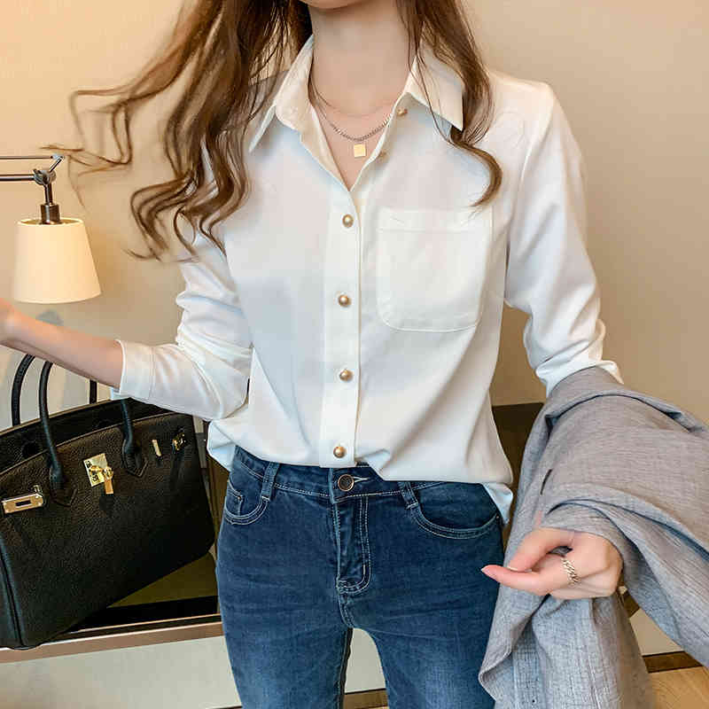 Office Lady Long Sleeve White Chiffon Blouses Women Solid Button Clothing Cardigan Shirts Blusas Mujer 10694 210518