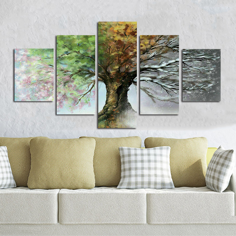 Abstract Art 5 Panels Four Season Tree Posters Landscape Pictures Canvas Prints Painting Wall Art for Living Room Bedroom Modern Home Decor