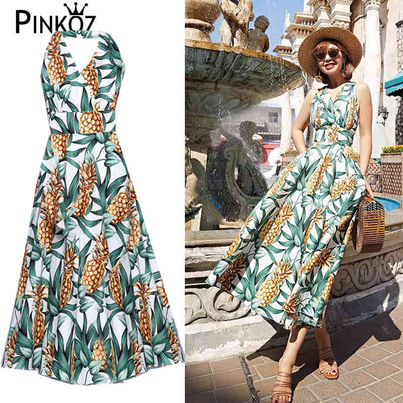Female Sundress Women Summer Dress Sexy Backless Pineapple printed Vintage Vestidos Floral Boho Plus Size Dresses 210421