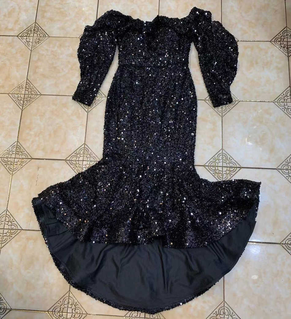 Mermaid Long Sexy Strapless Sleeve Black Sequined Arabian Style Dubai Women Formal Celebrity Party Dress 210527