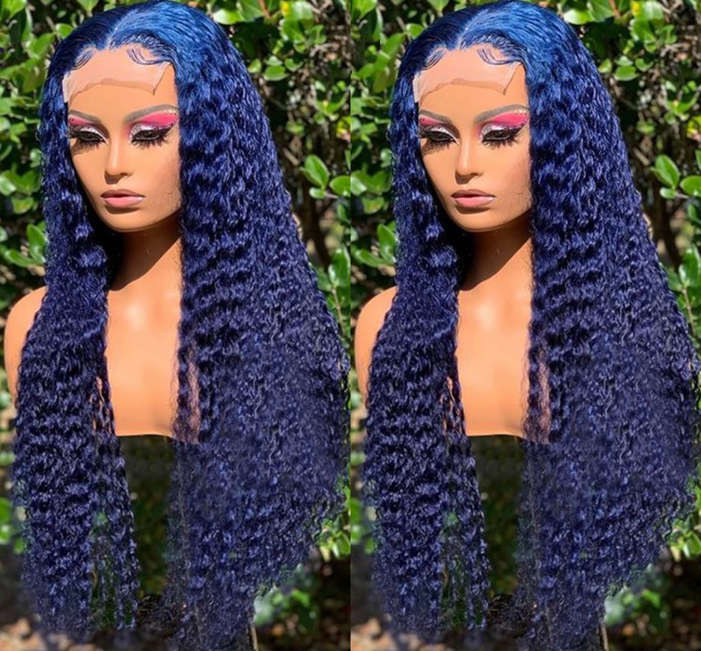Long Curly Dark Blue Lace Front Human Hair Wigs Brazilian Deep Wave Synthetic Wig Glueless Pre Plucked With BabyHair