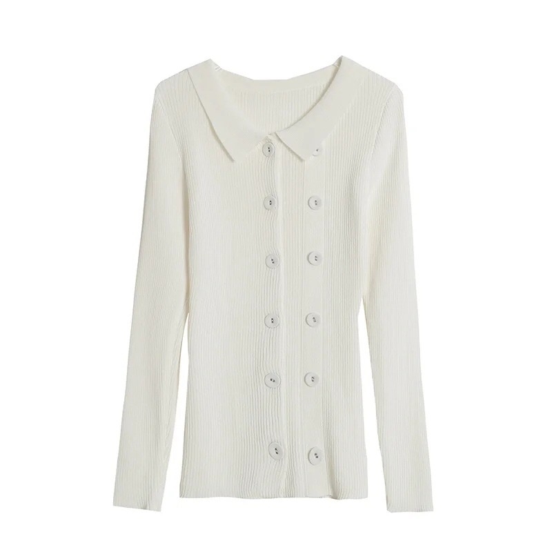 Vintage Turn down Collar Double Breasted Buttons Cardigan French Style Lapel Long Sleeve Knitting Sweater Slim Jumper Knitwear 210429