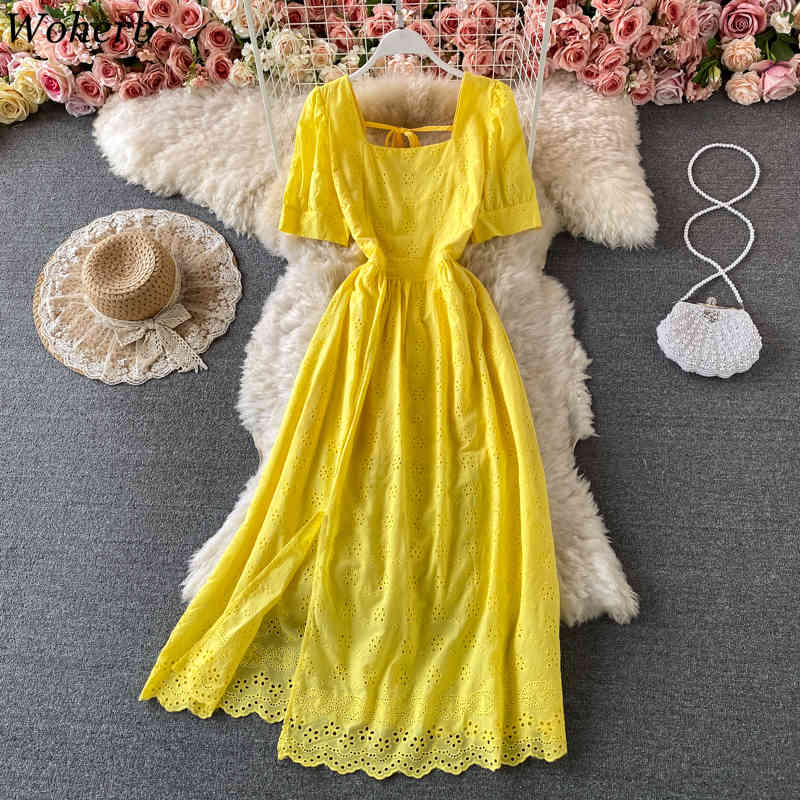 Summer Vestidos Mujer Chic Hollow Out Crochet Floral Vintage Dress Square Collar Puff Sleeve Split Maxi Dresses Women 210519