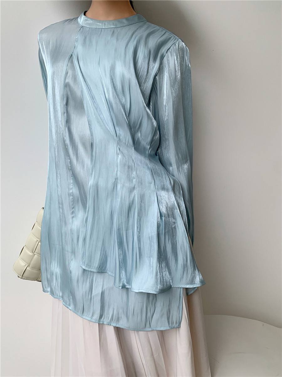 Aqua Blue Satin Long Sleeve Blouse Women Ruched Top Asymmetrical Ladies Glitter Korean Fashion Clothing 210427
