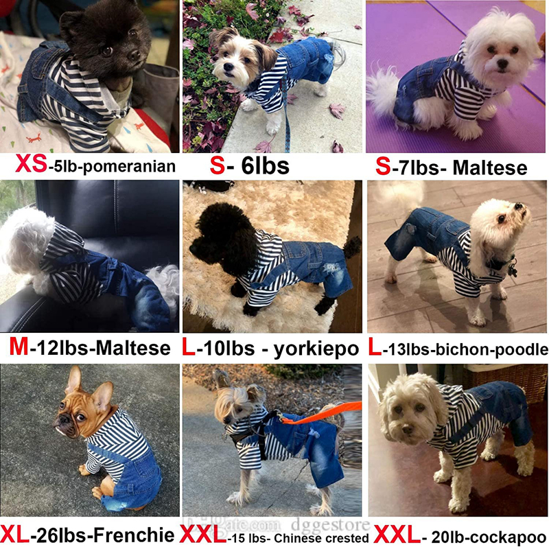 Dog Apparel Denim Striped or Grid Pet Dogs Jumpsuits Puppy Cat Hoodie Jean Coat Four Feet Clothes for Small Doggy Teddy Yorkies Sweatshirt Jeans Blue 
