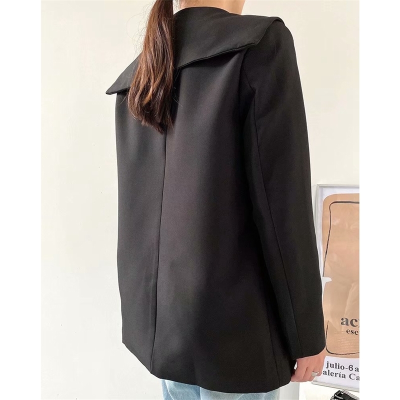 Causal Women Solid Black Blazers Fashion Ladies Double Breasted Polyester Jacket Streetwear Female Chic Pocket Jackets 210430
