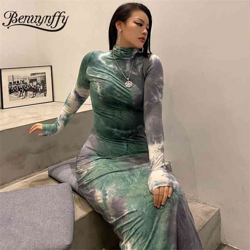 Turtleneck Tie Dye Slim Fit Long Dress Women Spring High Waist Sleeve Plus Size Ladies Elegant Bodycon 210510