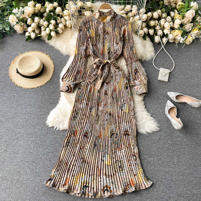 Autumn Dress Temperament Turtleneck Waist Slim Long Sleeves Lace Up Wild Floral Maxi Vestidos UK016 210630