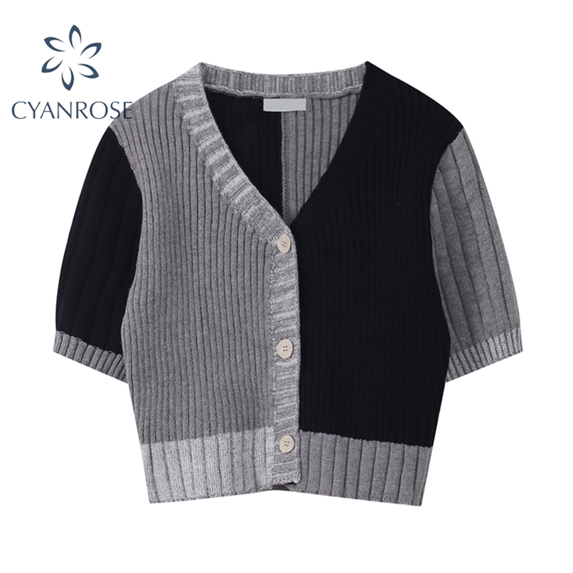 Korean Style O-neck Short Knitted Sweaters Women Thin Cardigan Button up Summer Casual Fashion Patchwork Crop Top Female 210918