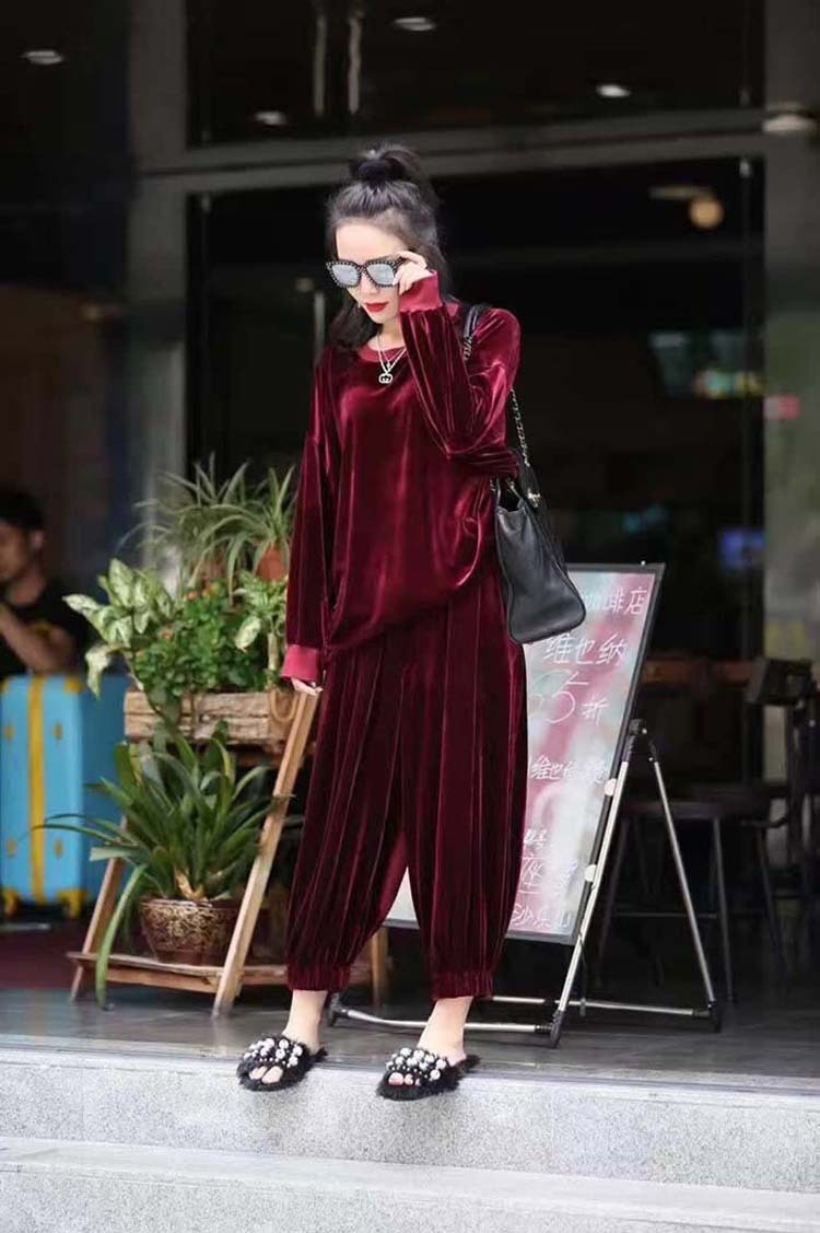 Women's Sets Velvet Batwing Sleeve Woman Tops With Wide Leg Pants Two Piece Set Plus Size Women Clothes Autumn 210513