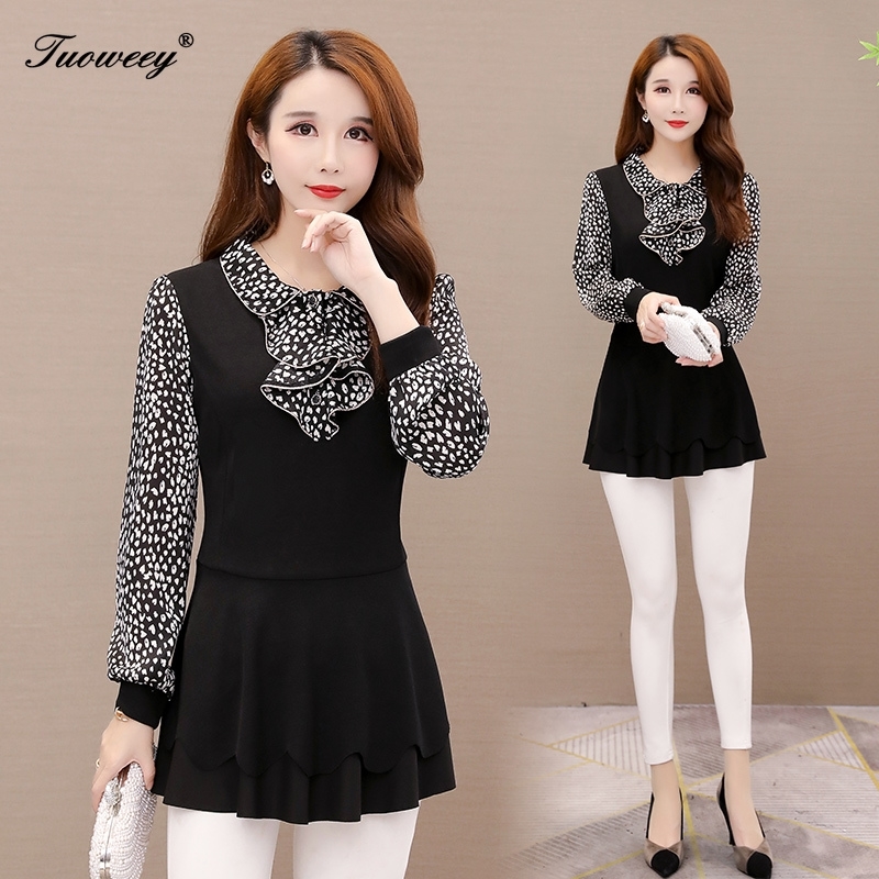 Spring polka dot Women's bow tie elegant plus size Mesh Blouse Women Tops Long Sleeve loose Shining 5XL Shirt Fashion 210317