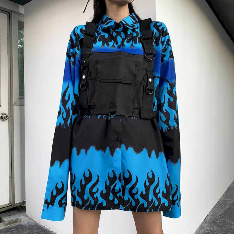 shirt men women shirts punk blouse Ins autumn Korean version of loose bf black functional vest + retro blue flame long-sleeved 210526