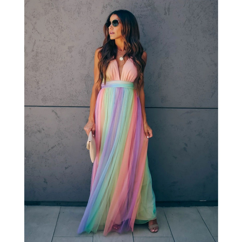 Women's Rainbow Beach Slip Dress Summer New Fashion Ladies Sling Vestidos Sexy Deep V Mesh Suspender Maxi Party Dresses 210422 C260312