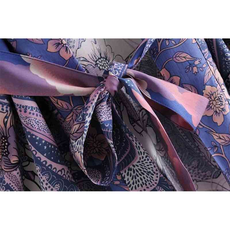 Bohemian Women Blue Space Moon Flower Print Kimono Shirt Holiday Beach Tide Bow Sashes Mid Long Cardigan Blouse BOHO Tops 210429