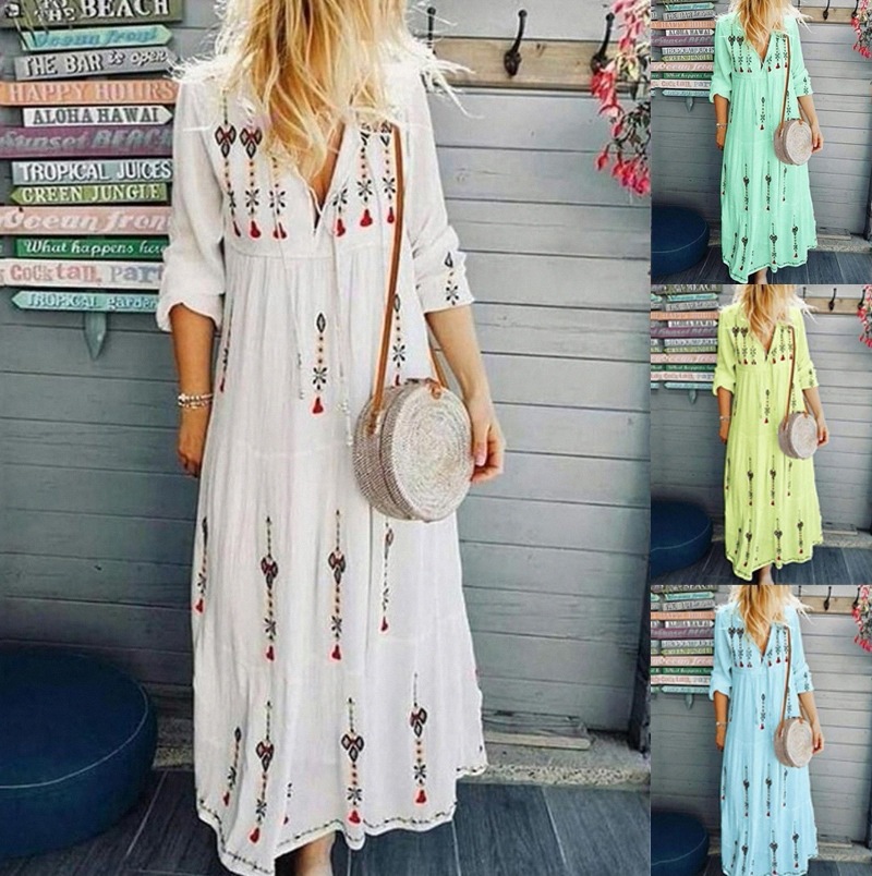 Women Dress V-neck Long Sleeve Print Plus Size Dresses Casual Loose Flower Bohemian For 210513