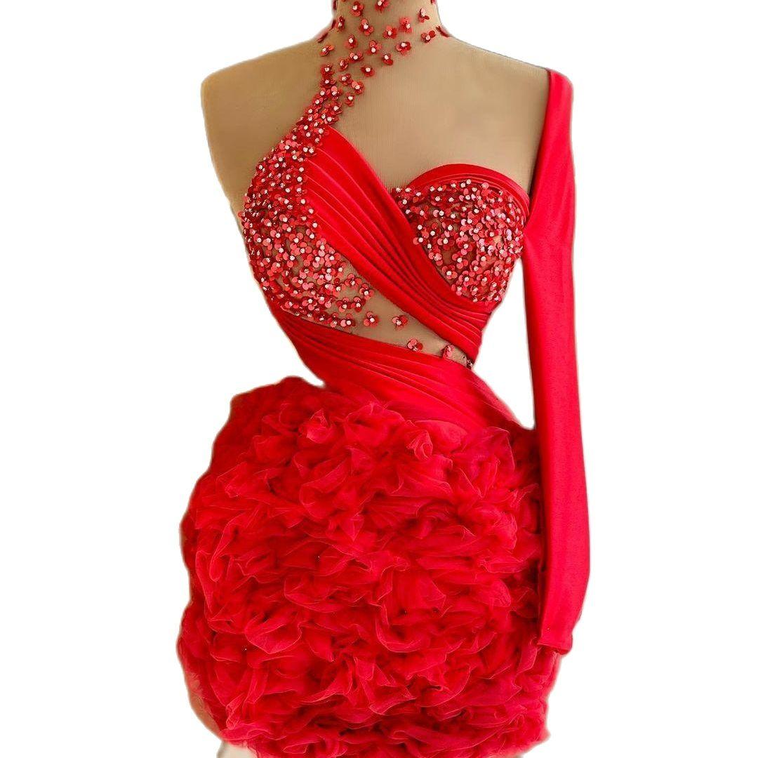 New Red Mini Mermaid Cocktail Dresses Beading Sheer High Neck One Shoulder Long Sleeve Lace Appliques Arabic Prom Evening Dress Gown Vestidos De Gala