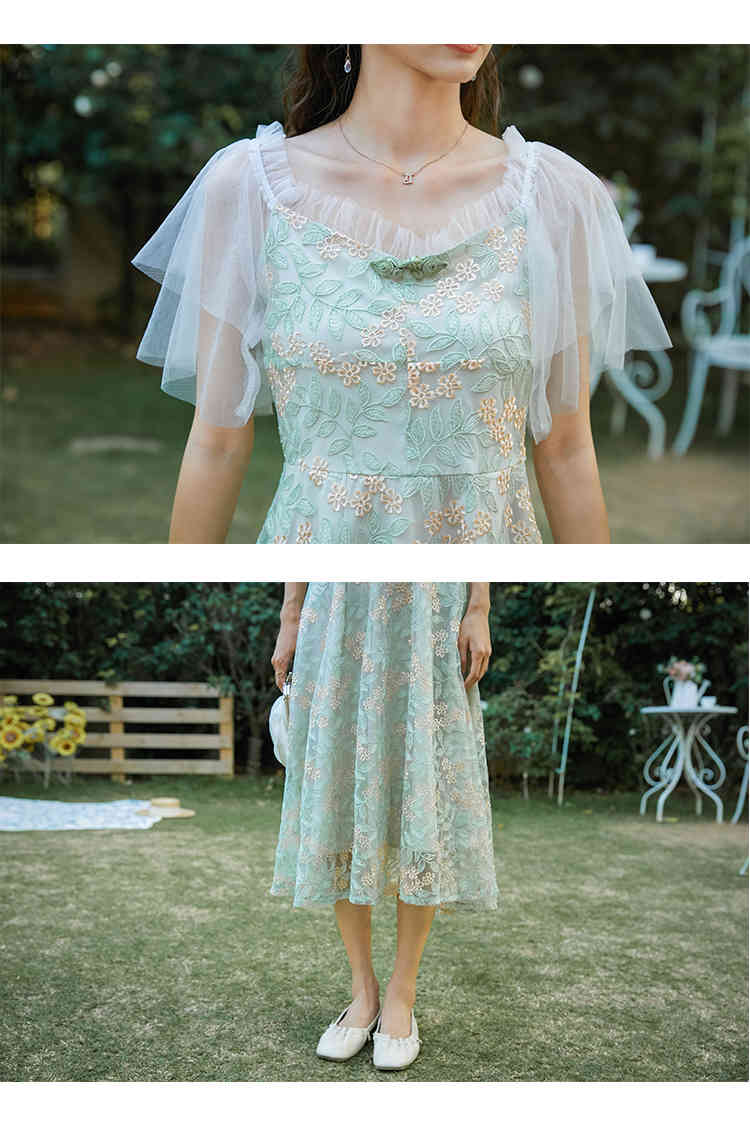 French Summer Women Vintage Elegant Floral Embroidery Mesh Dress Ladies Sweet Slim Party Woman Clothing 210519