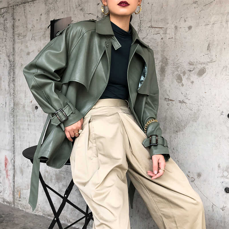 FTLZZ Spring Autumn Women Faux PU Leather Casual Streetwear Outwear Motorcycle Leather Jacket with Belt Green Biker Coat 210909