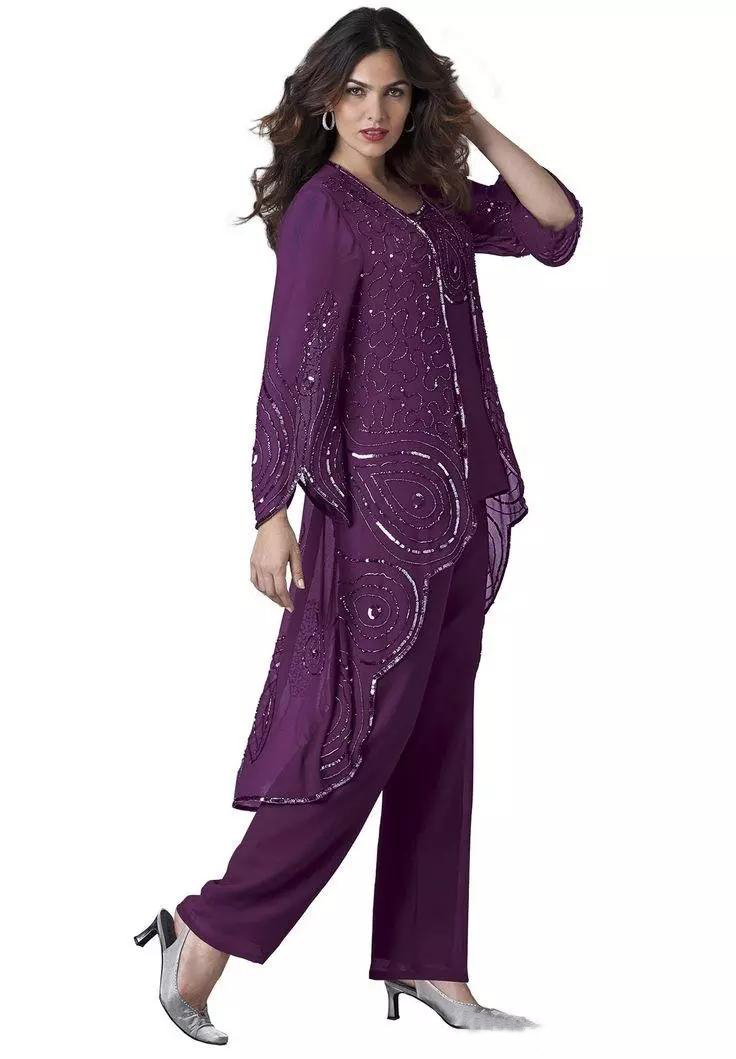 Chic Three Pieces Beading Mother Of The Bride Pant Suits Long Sleeves Jacket Wedding Guest Dress Chiffon Sequined Plus Size Evening Dresses