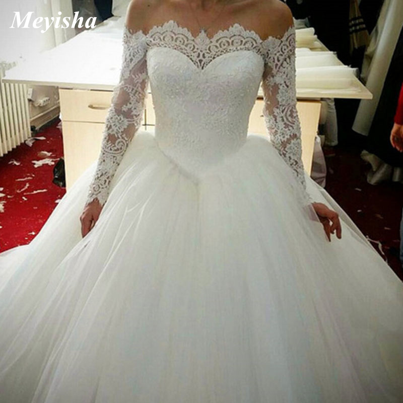 ZJ9151 Sexy Ball Gown Elegant Long Sleeve Wedding Dress For Plus Size Women 2021 Bride Dresses Lace Bottom