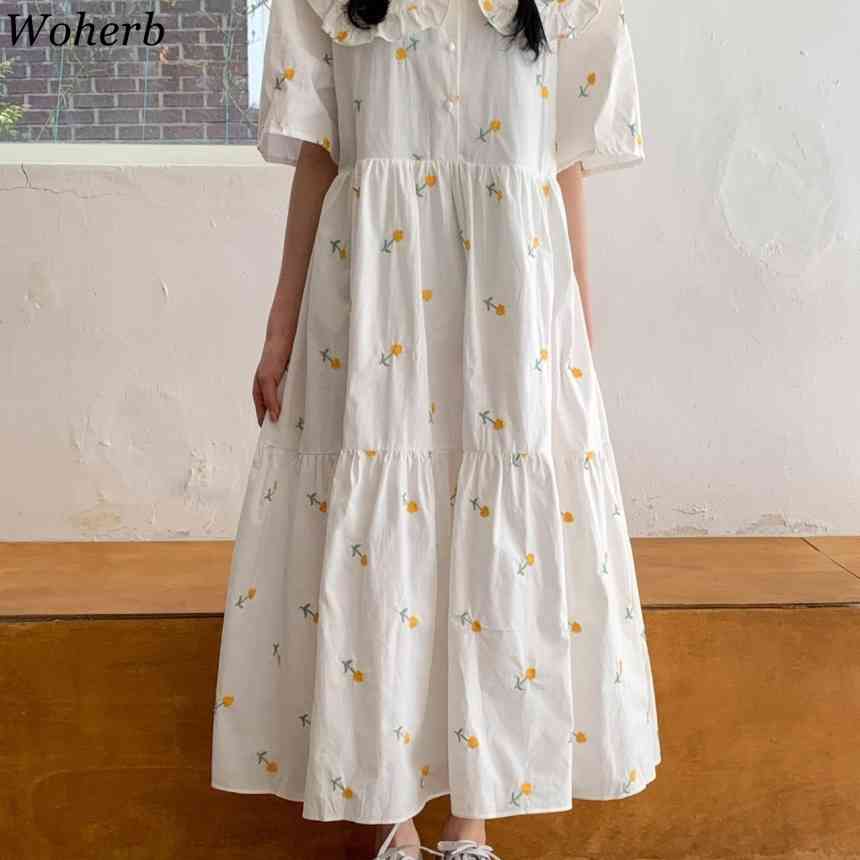 Women White Robe Floral Pleated Dress Sweet Embroidered Ruffles Vestidos Mujer Peter Pan Collar Loose Vintage Dresses 210519