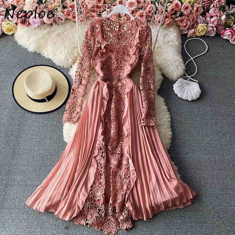 Neploe Elegant Lace Patchwork Hook Flower Chiffon Dress Women High Waist Hip A Line Long Vestidos Spring Long Sleeve Robe Solid 210422