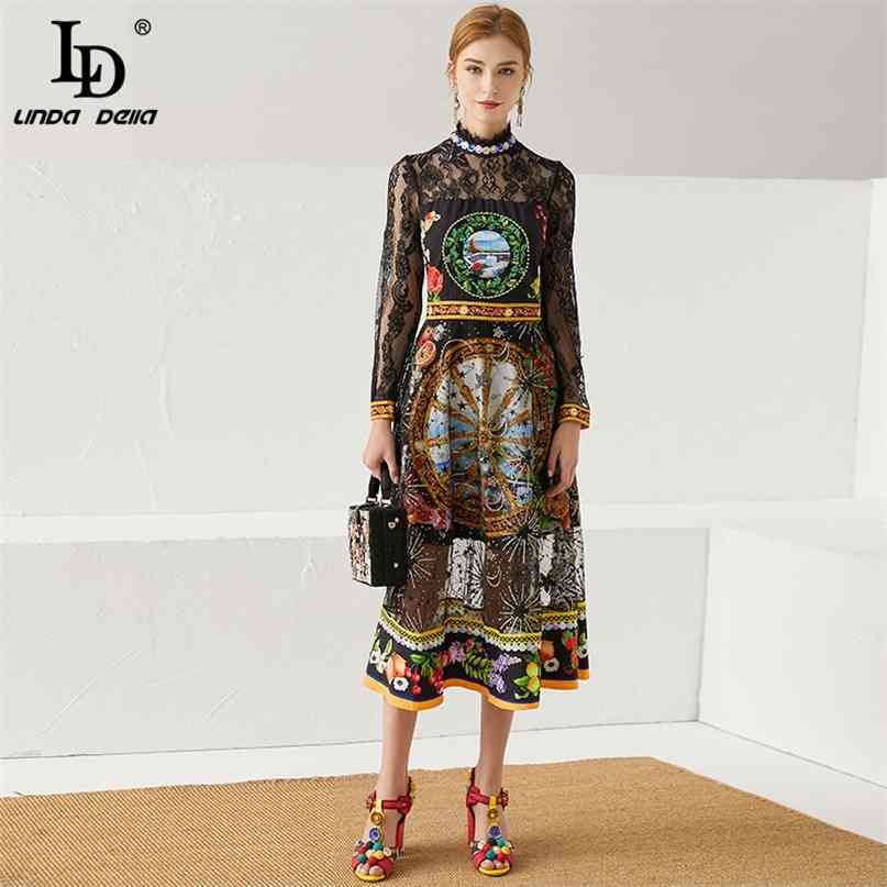 Autumn Runway Elegant Dress Women Long Sleeve Gorgeous Mesh Lace Sequin crystal Floral Print Vintage Midi 210522