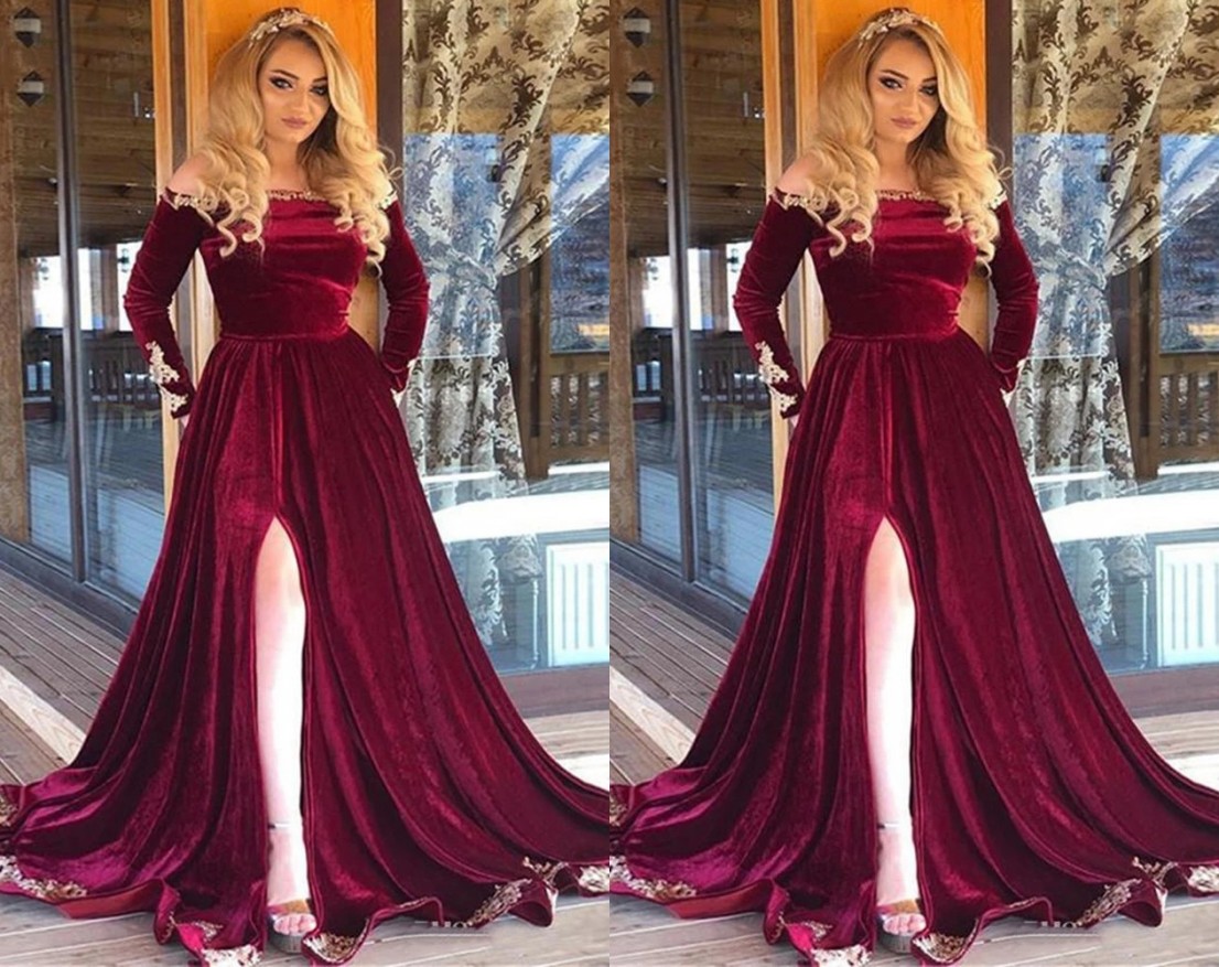 Graceful Designer Burgundy Velvet High Slit Prom Homecoming Dresses Off the shoulder Long Sleeves Gold Lace Bridesmaid Party Cocktail Pageant Dresess, Hunter
Graceful Designer Burgundy Velvet High Slit Prom Homecoming Dresses Off the shoulder Long Sleeves Gold Lace Bridesmaid Party Cocktail Pageant Dresess, Hunter