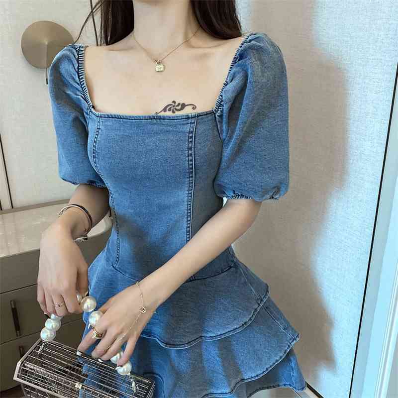 Casual Short Sleeve Sexy Backless Cross Straps Denim Dress For Women Summer Layered Cake Female Fashion Vestidos 210520