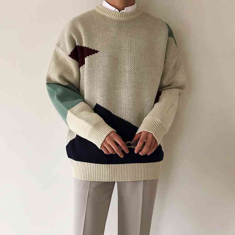 IEFB men's autumn winter thickened color block crew neck kint sweater Korean fashion loose oversized kintwear male 9Y4755 210524