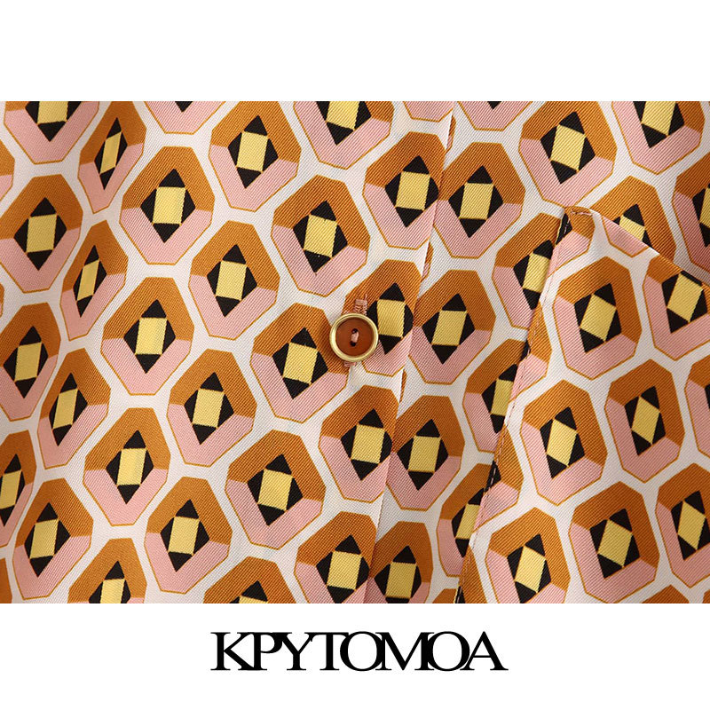 Women Fashion Geometric Print Pocket Blouses Lapel Collar Short Sleeve Female Shirts Blusas Chic Tops 210420