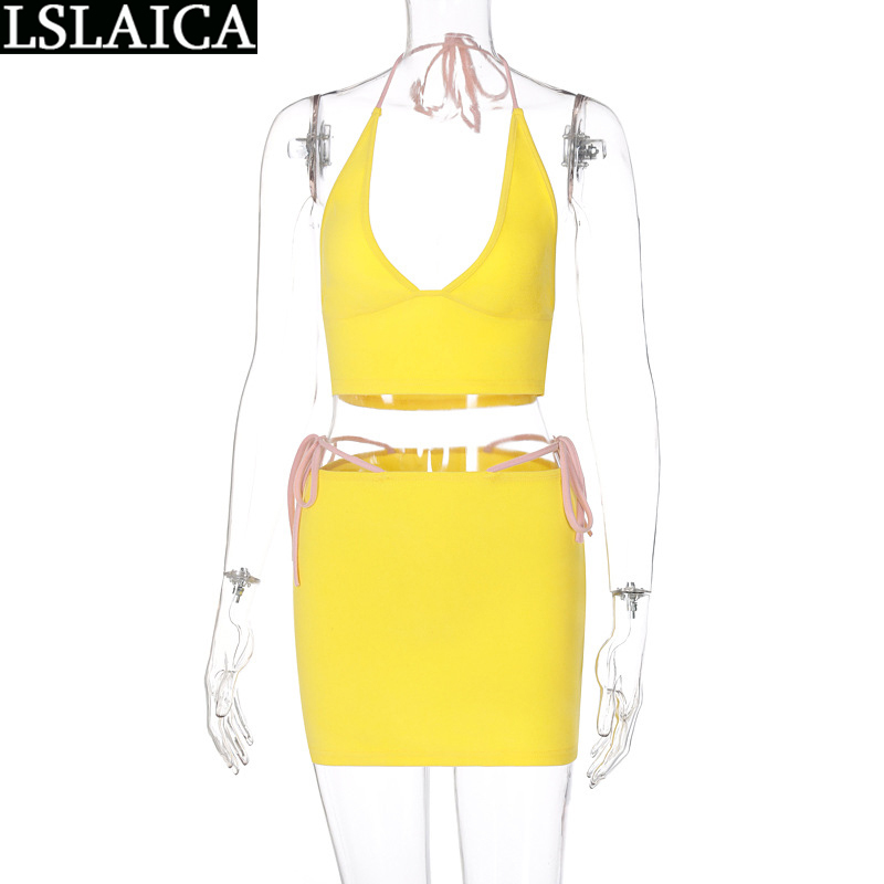 Summer Women's Clothing Crop Top&skirts Yellow Slim Sexy Skirts for Women Club Streetwear Night Sets 210520