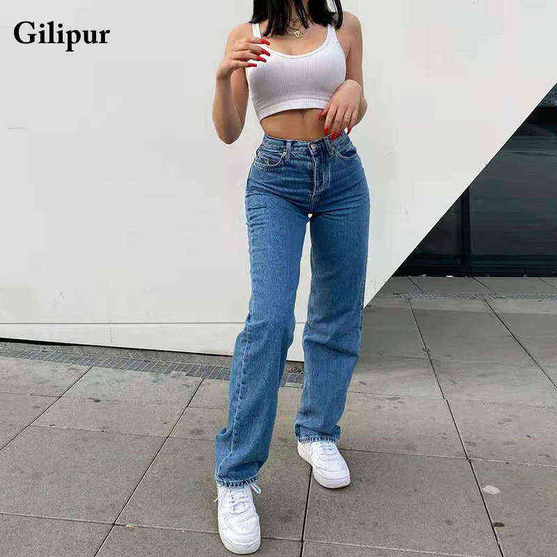 Jeans Women Fashion Mom Straight Leg Pants Washed Blue Casual Long Denim Trousers High Waist Streetwear 211129