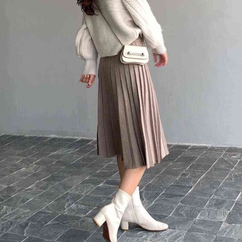 Lucyever Autumn Winter Thick Knitted Skirt Women Fashion High Waist Pleated Midi Skirts Female Elegant Chic A Line Skirt 211119