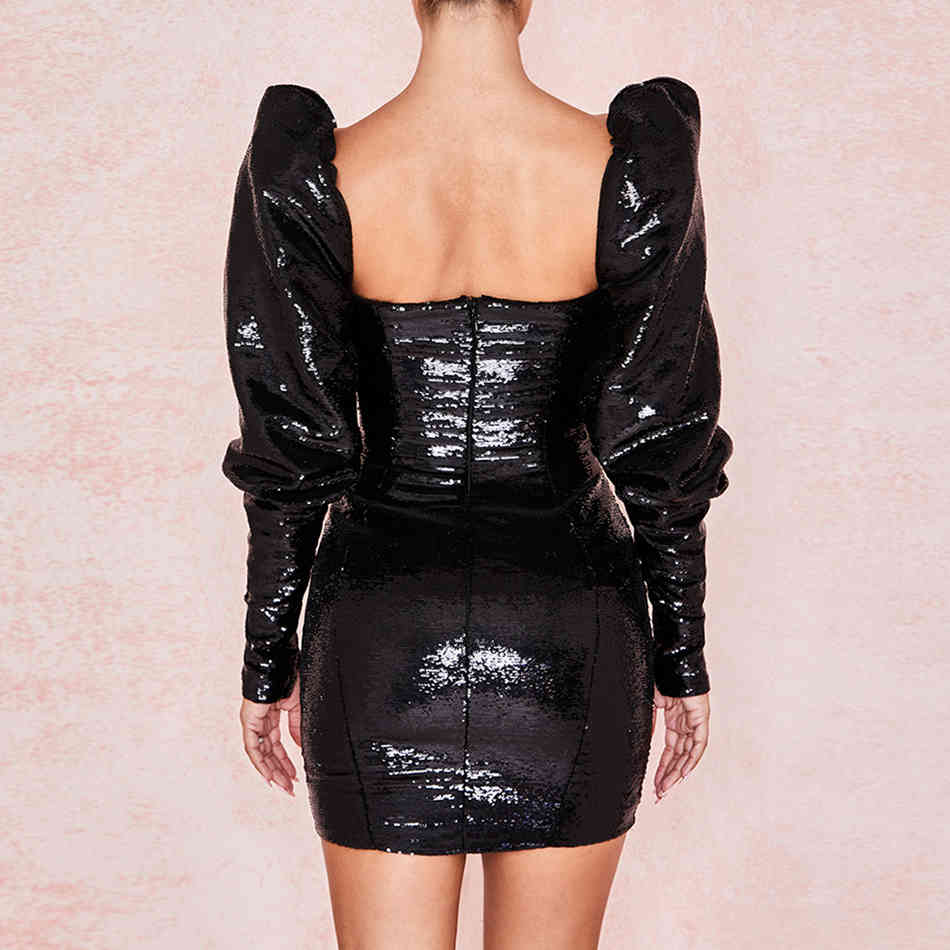 Winter Women Mini Dress Sexy Backless Lantern Long Sleeve Sequin Bodycon Elegant Celebrity Club Vestidos 210524
