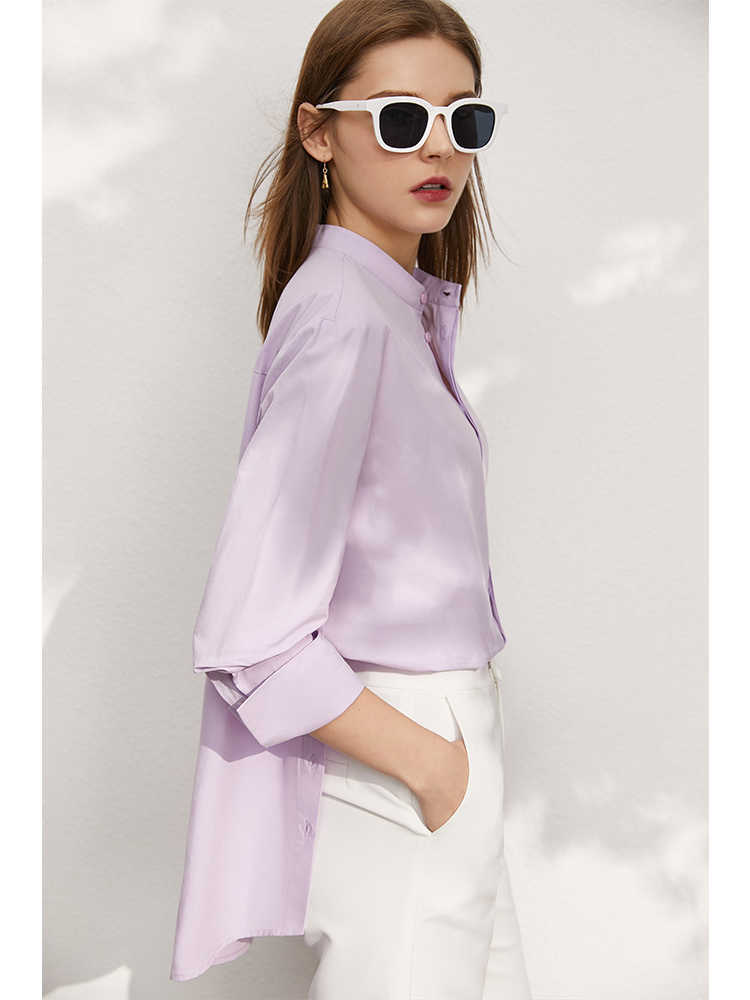 Minimalism Spring Women's Blouse Offical Lady 100%Cotton Solid Stand Collar Loose Female Tops Shirt 12130128 210527