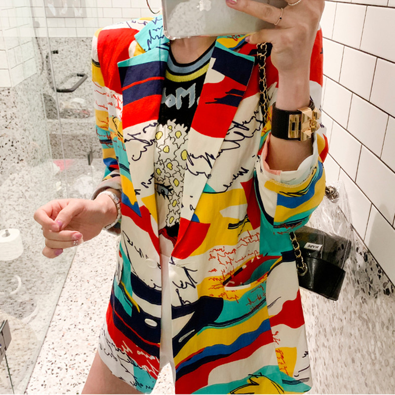 Women's Trench Coats Fashion Colorful Block Letter Print Blazer Feminino Women Long Sleeve Notched Collar Coat Female Loose Outerw